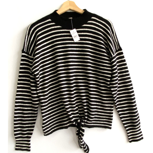 LOFT Soft Wool Blend Black & White Striped Tie Front Sweater Mockneck Size S NWT - Picture 1 of 5